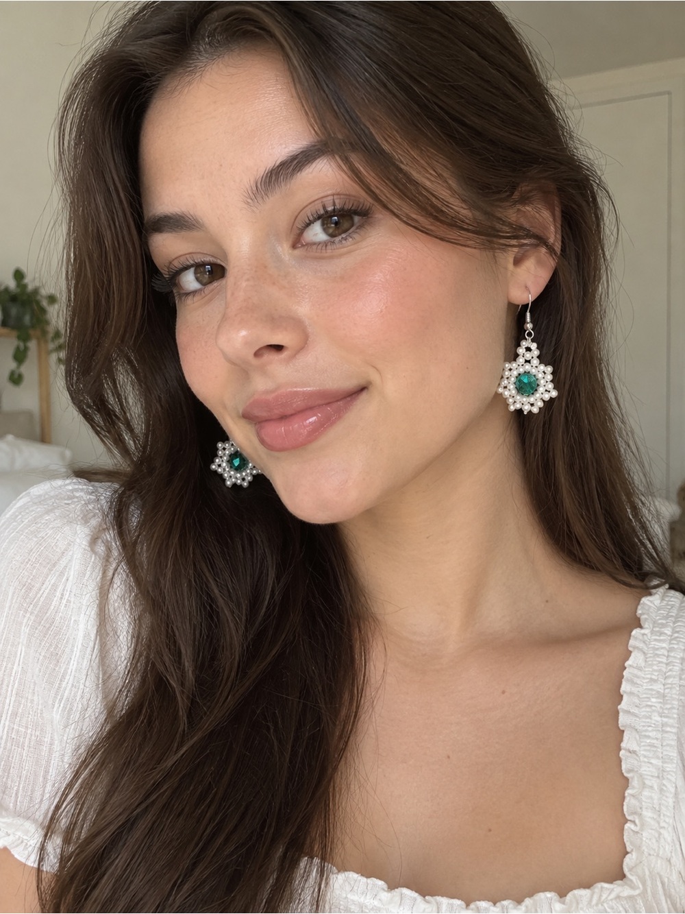 Artisan Pearl Aqua Crystal Dangle Earrings 2” NEW Handcraftes
